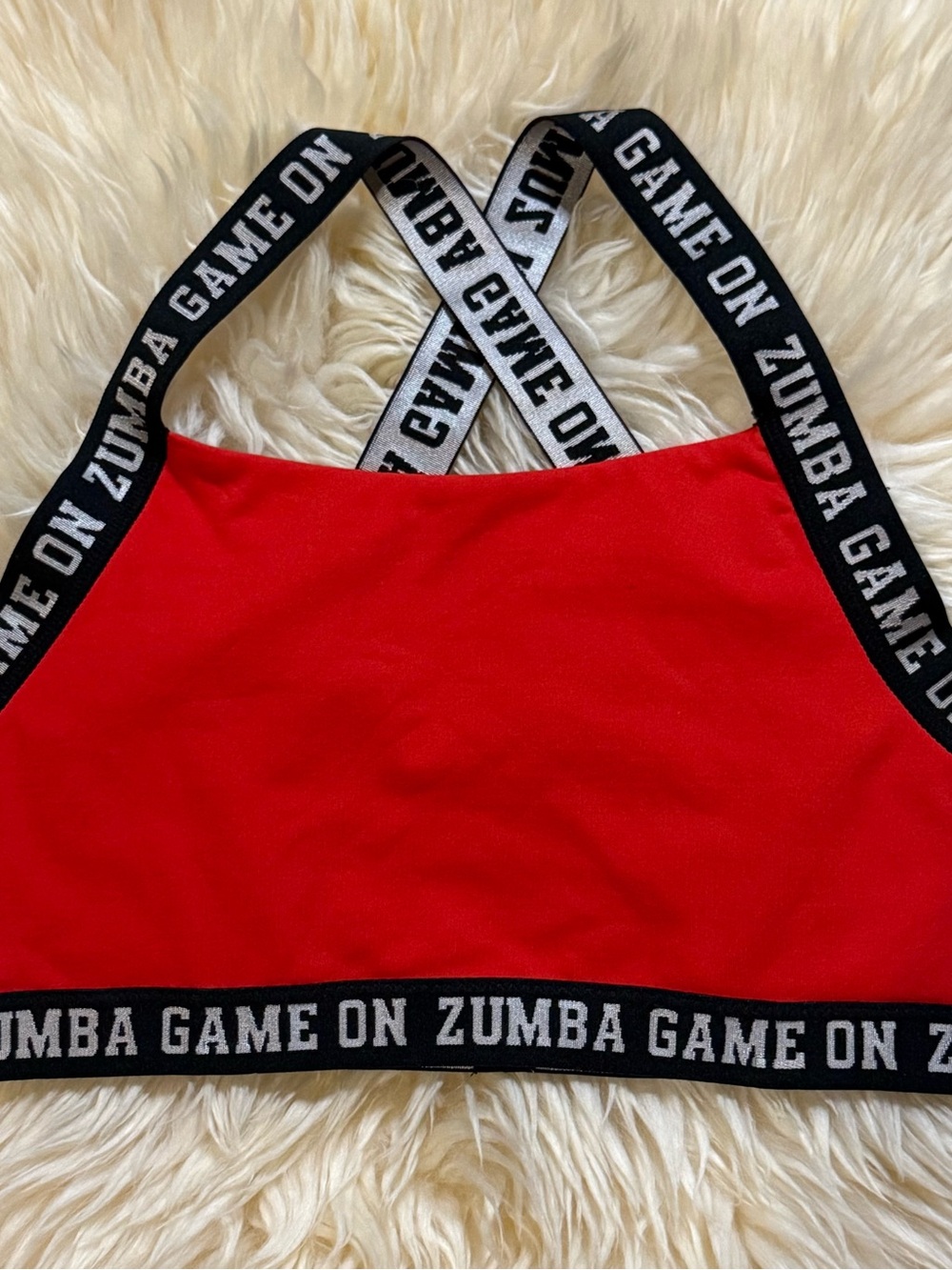 Zumba Fitness Game On Open Back Sports Bra Red with Branded Black Straps Small